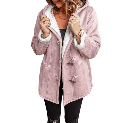 Damesjas in suède look met teddy capuchon en knevelsluiting - oudroze