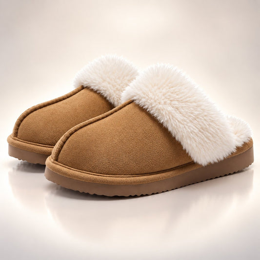 Damespantoffels in suède look met memory foam en brede pluche kraag - camel