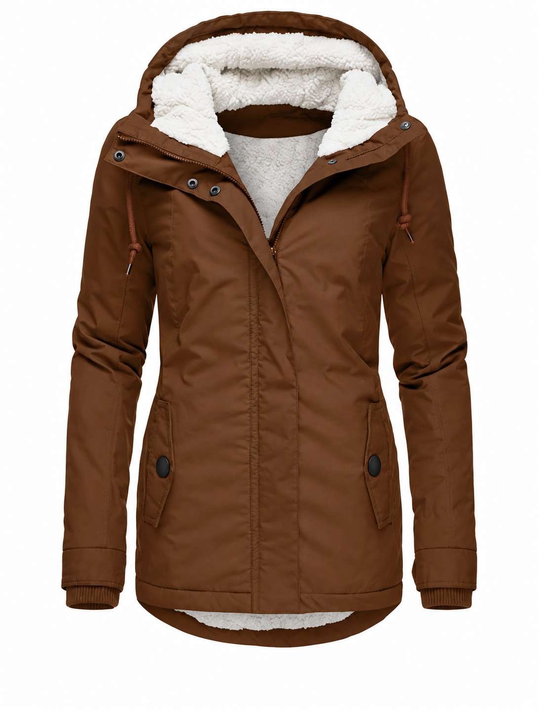 Getailleerde damesparka met teddyvoering en capuchon - cognac