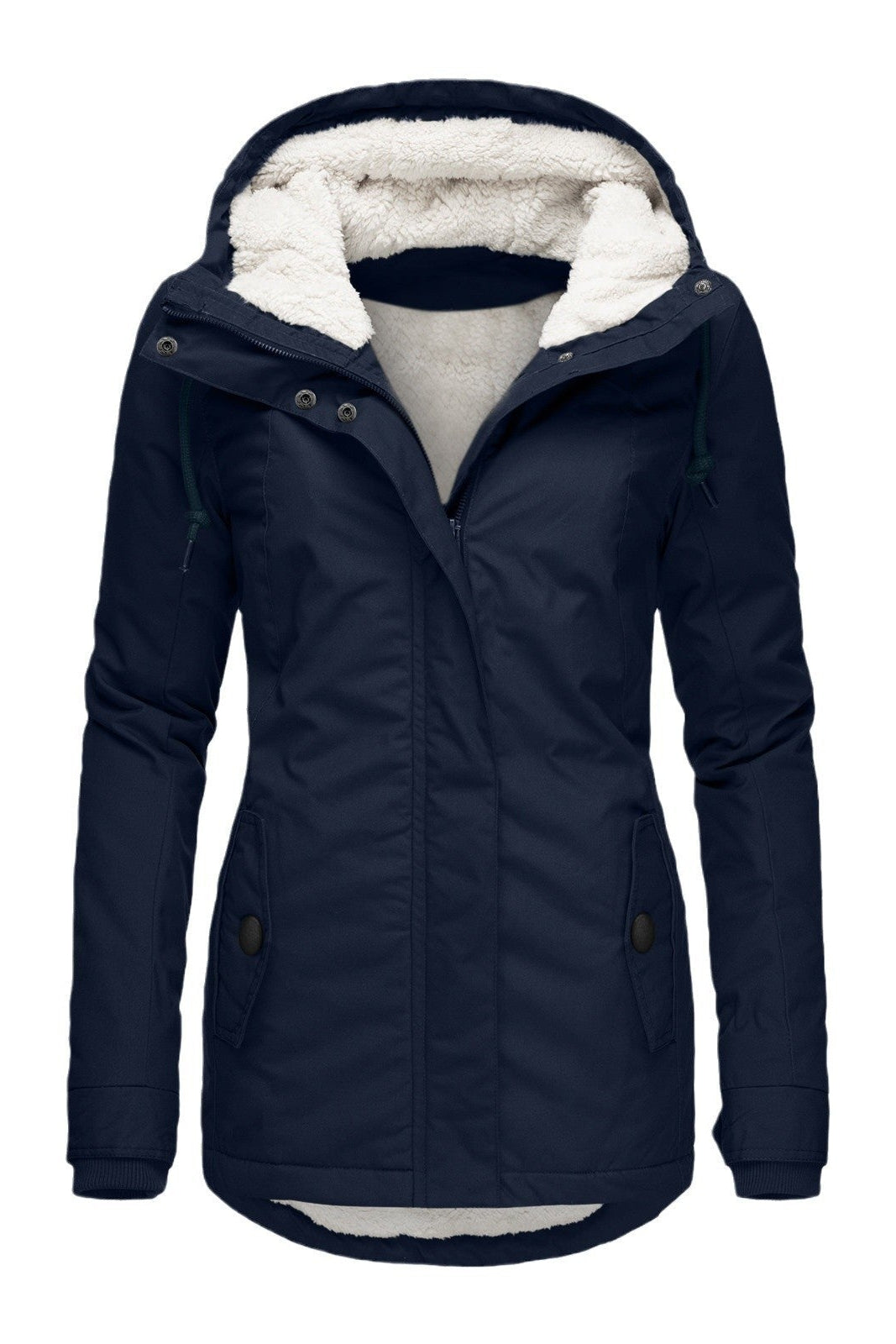 Getailleerde damesparka met teddyvoering en capuchon - marineblauw