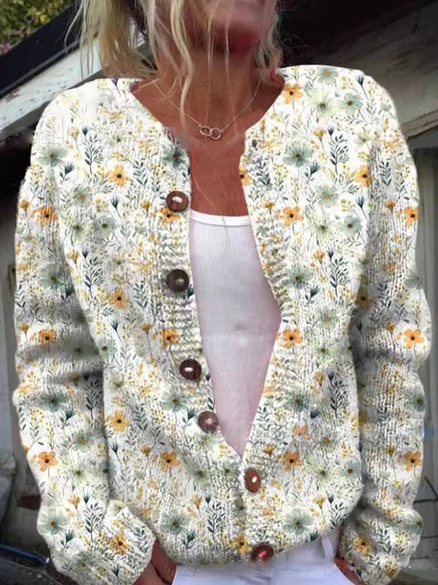Gebreid damesvest met print, ronde hals en bruine knopen - crème met gele bloemen