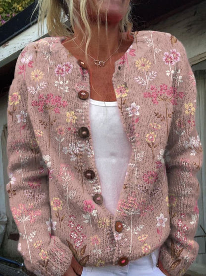 Gebreid damesvest met print, ronde hals en bruine knopen - oudroze met bloemen