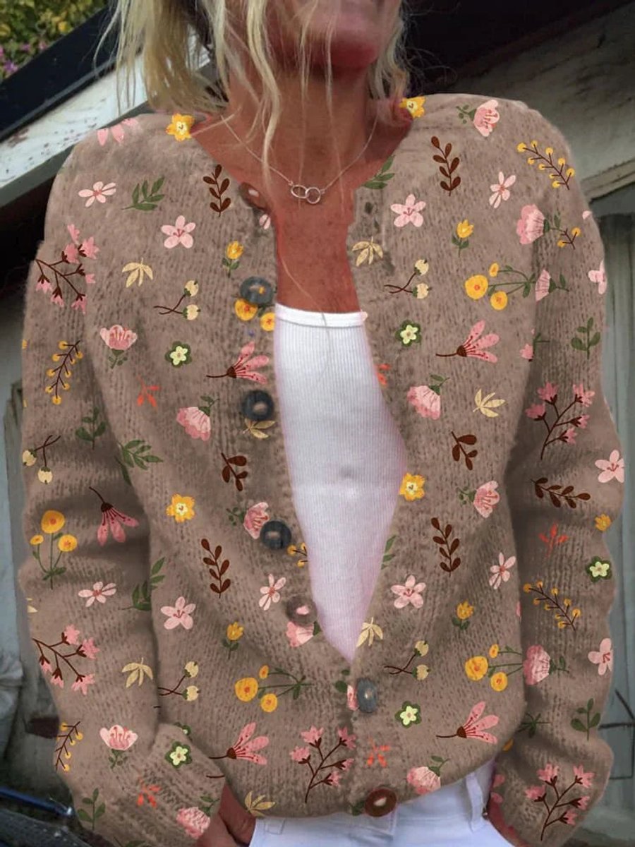 Gebreid damesvest met print, ronde hals en bruine knopen - bruin met bloemen