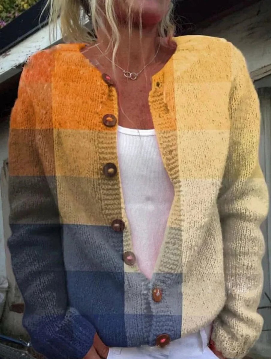 Gebreid damesvest met print, ronde hals en bruine knopen - geel en blauw geblokt