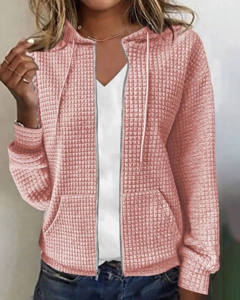 Damesvest met wafelstructuur, capuchon en rits - roze
