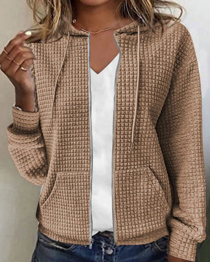Damesvest met wafelstructuur, capuchon en rits - camel