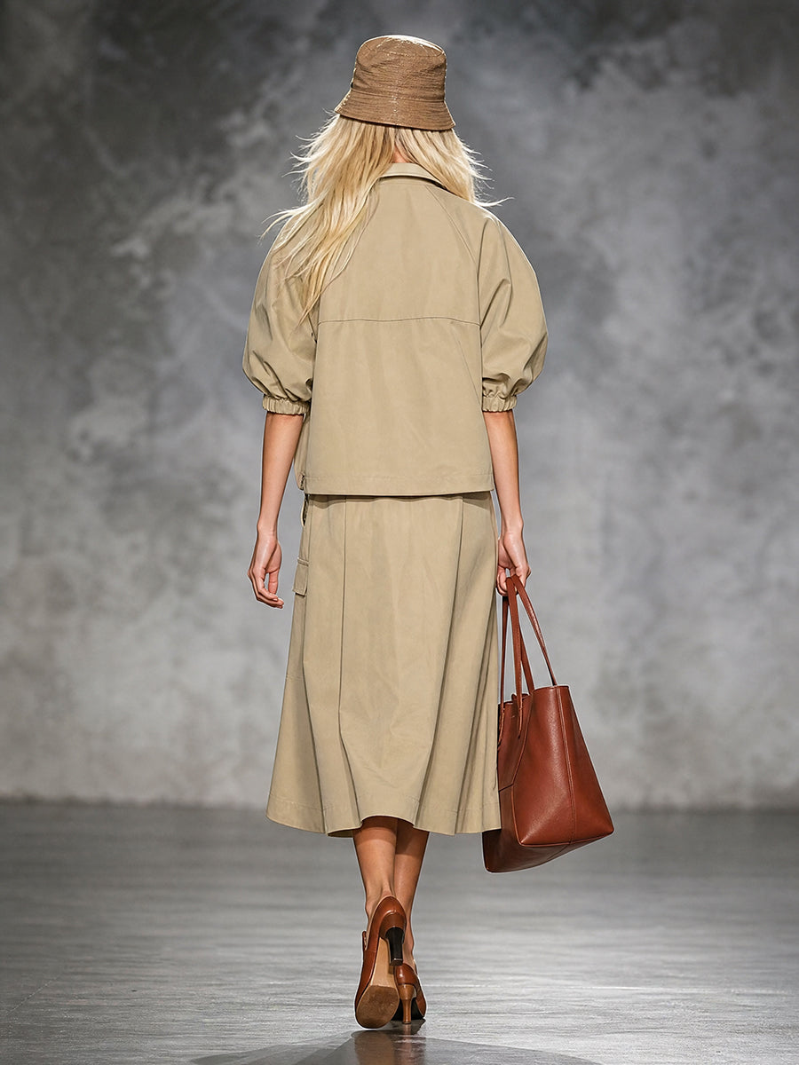 Khaki jack dames met roestkleurige bies en pofmouwen