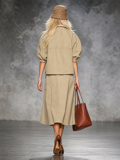 Khaki jack dames met roestkleurige bies en pofmouwen