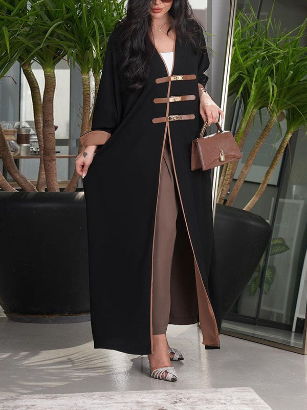 Enkellange open damesabaya met contrastbies en goudkleurige sluitingen