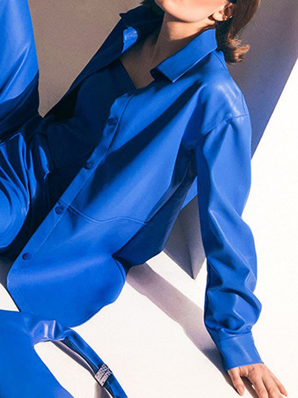 Zacht imitatieleren overshirt met overhemdkraag en knoopsluiting