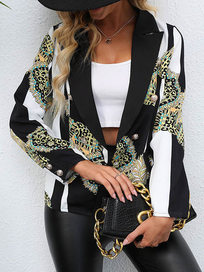 Cropped zwart-witte gestreepte damesblazer met barokprint vlakken - zwart-wit