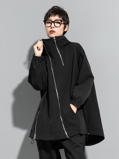 Oversized zwart damesjack met diagonale rits en capuchon - zwart