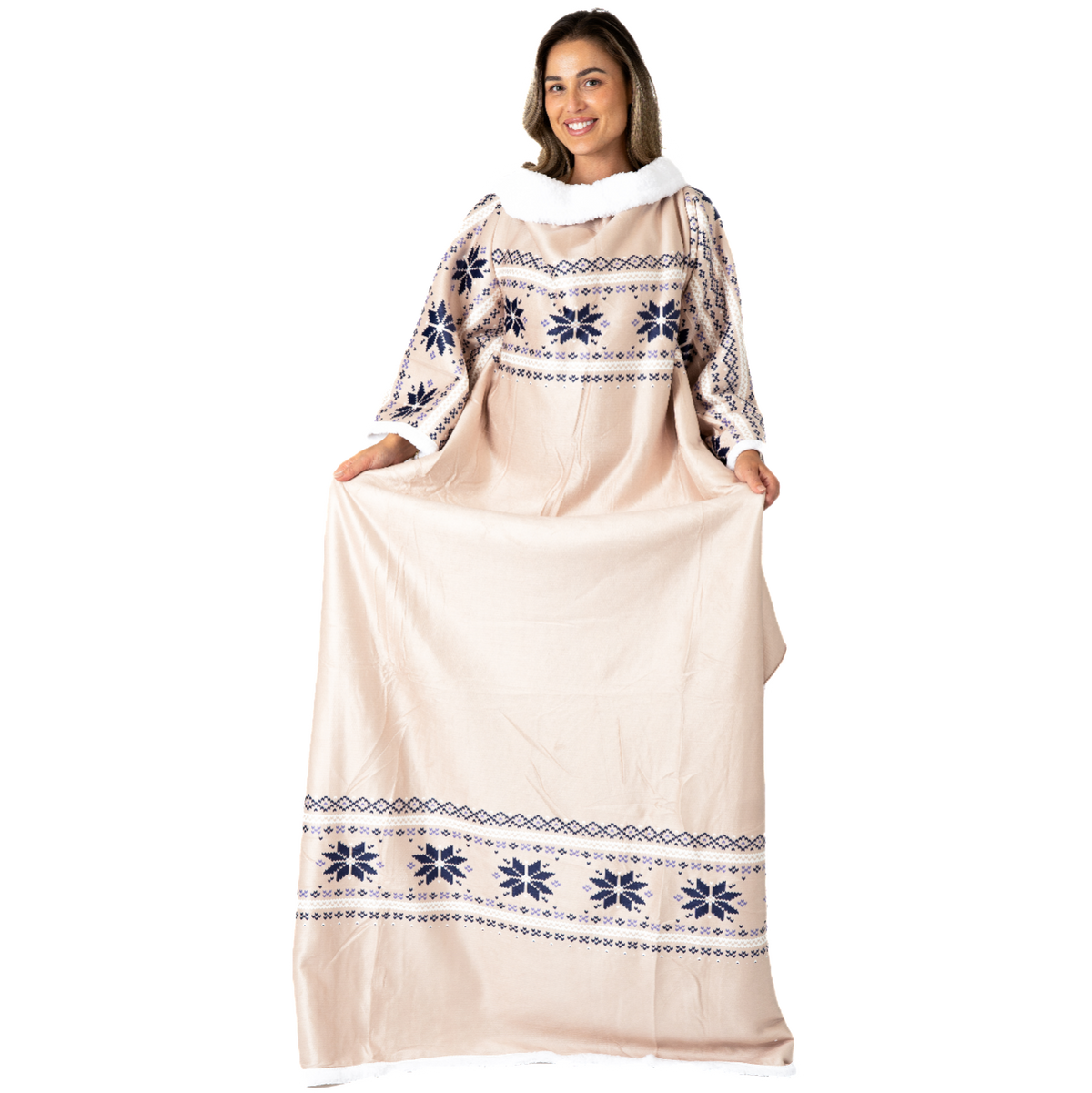 Beige Deken met Mouwen, Noors Patroon en Sherpa
