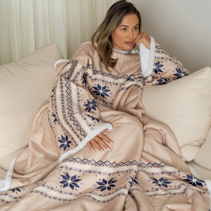 Beige Deken met Mouwen, Noors Patroon en Sherpa