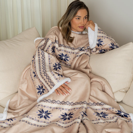 Beige Deken met Mouwen, Noors Patroon en Sherpa