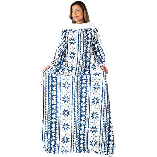 Wit-Blauwe Deken met Mouwen, Noors Patroon en Sherpa