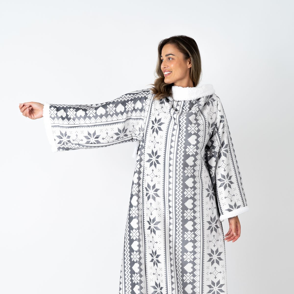 Wit-Grijze Deken met Mouwen, Noors Patroon en Sherpa