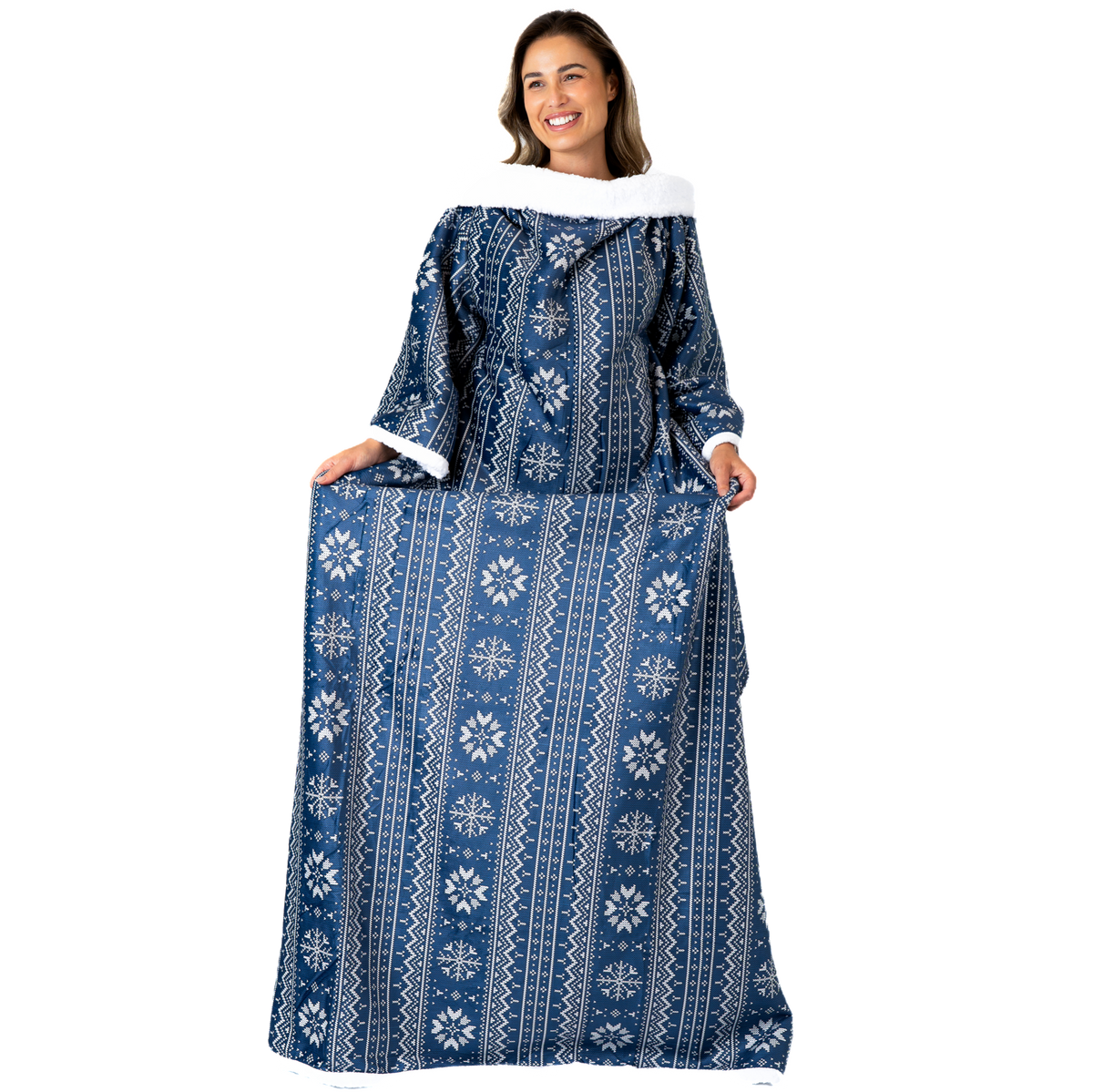 Blauwe Deken met Mouwen, Noors Patroon en Sherpa
