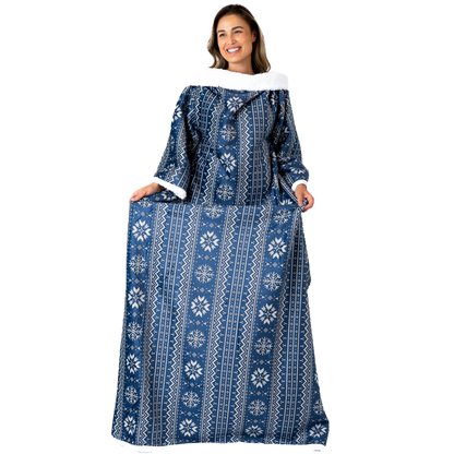 Blauwe Deken met Mouwen, Noors Patroon en Sherpa