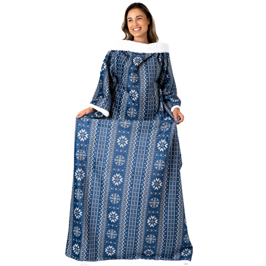 Blauwe Deken met Mouwen, Noors Patroon en Sherpa