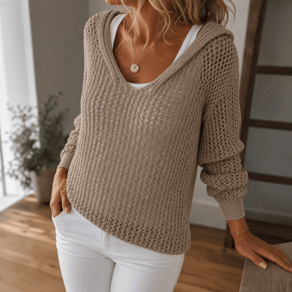 Opengebreide trui dames met capuchon in Taupe