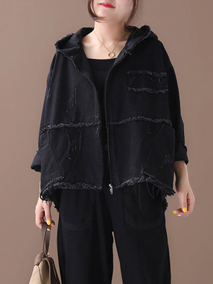 Oversized jack dames van gewassen katoen met capuchon en rafelnaden