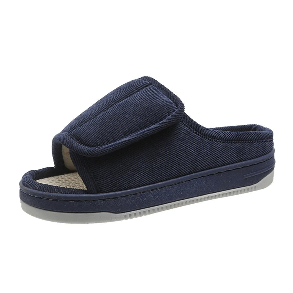 Diabetespantoffels van ribfluweel met klittenband en open teen - marineblauw