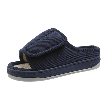 Diabetespantoffels van ribfluweel met klittenband en open teen - marineblauw