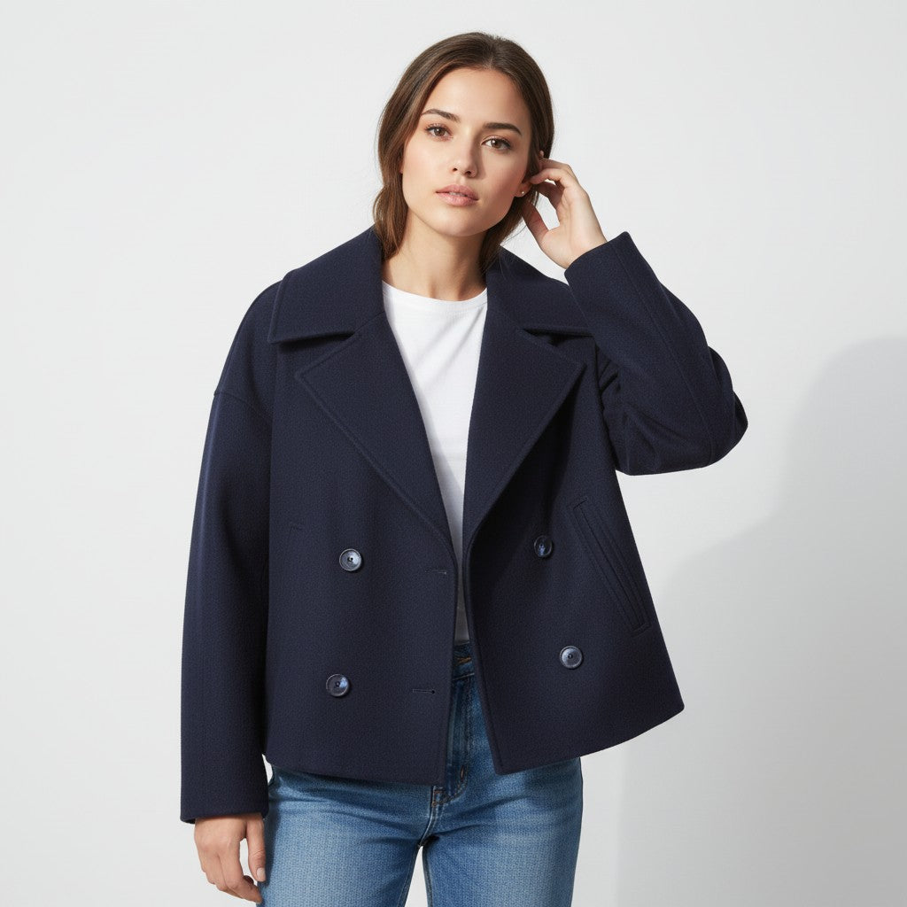 Korte damesjas met brede revers en twee rijen knopen - marineblauw