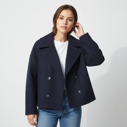 Korte damesjas met brede revers en twee rijen knopen - marineblauw