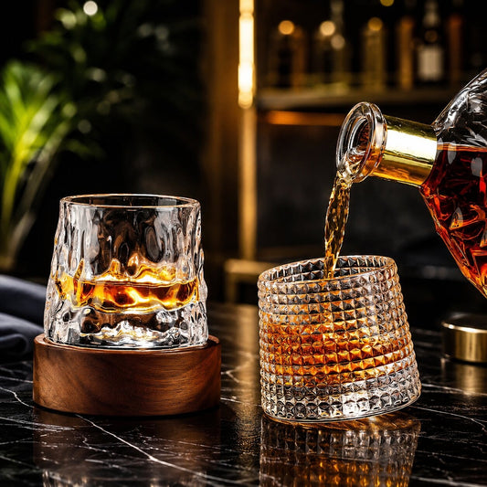 Draaiend whiskyglas met afgeronde bodem en houten onderzetter - beeld 2