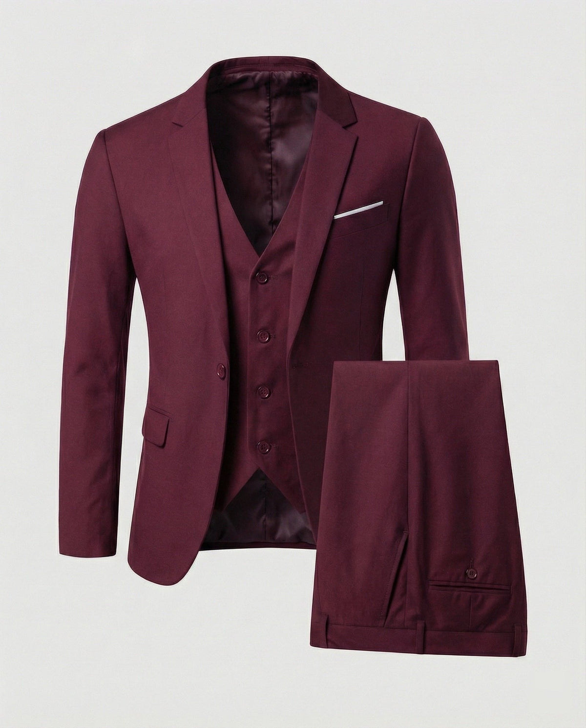 Driedelig herenkostuum met colbert, gilet en pantalon - bordeauxrood