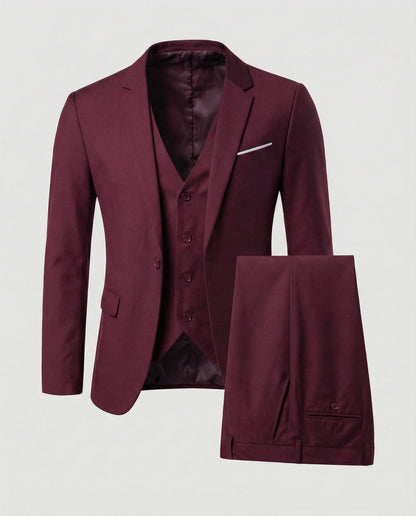 Driedelig herenkostuum met colbert, gilet en pantalon - bordeauxrood