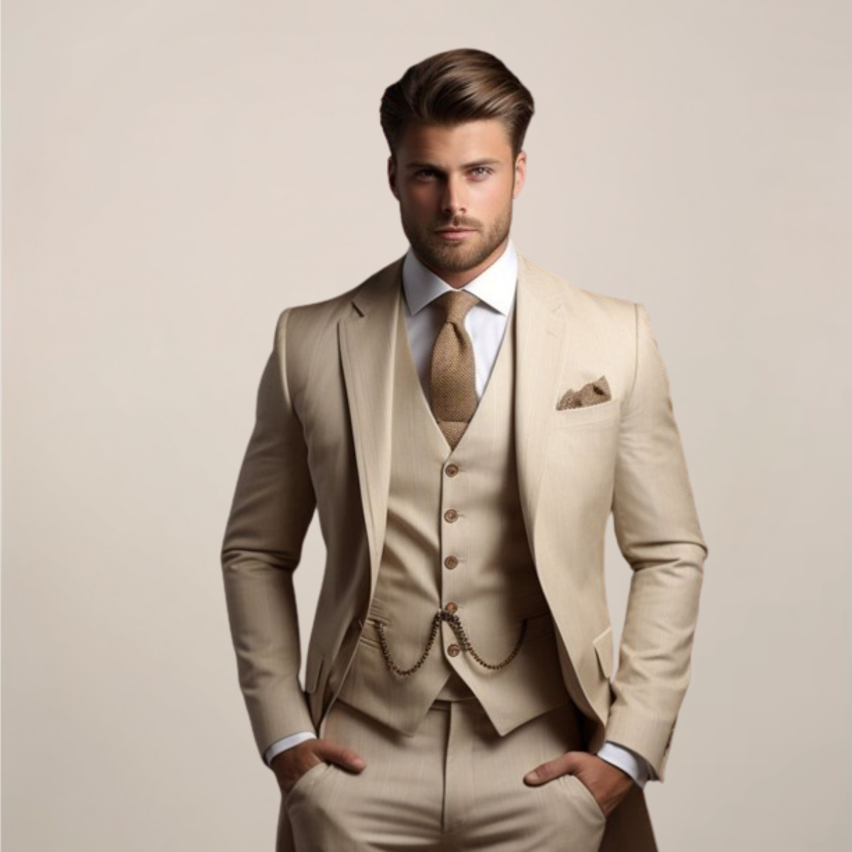 Driedelig herenpak met colbert, gilet met V-hals en vijf knopen, en bijpassende pantalon - beige