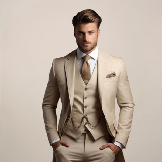 Driedelig herenpak met colbert, gilet met V-hals en vijf knopen, en bijpassende pantalon - beige