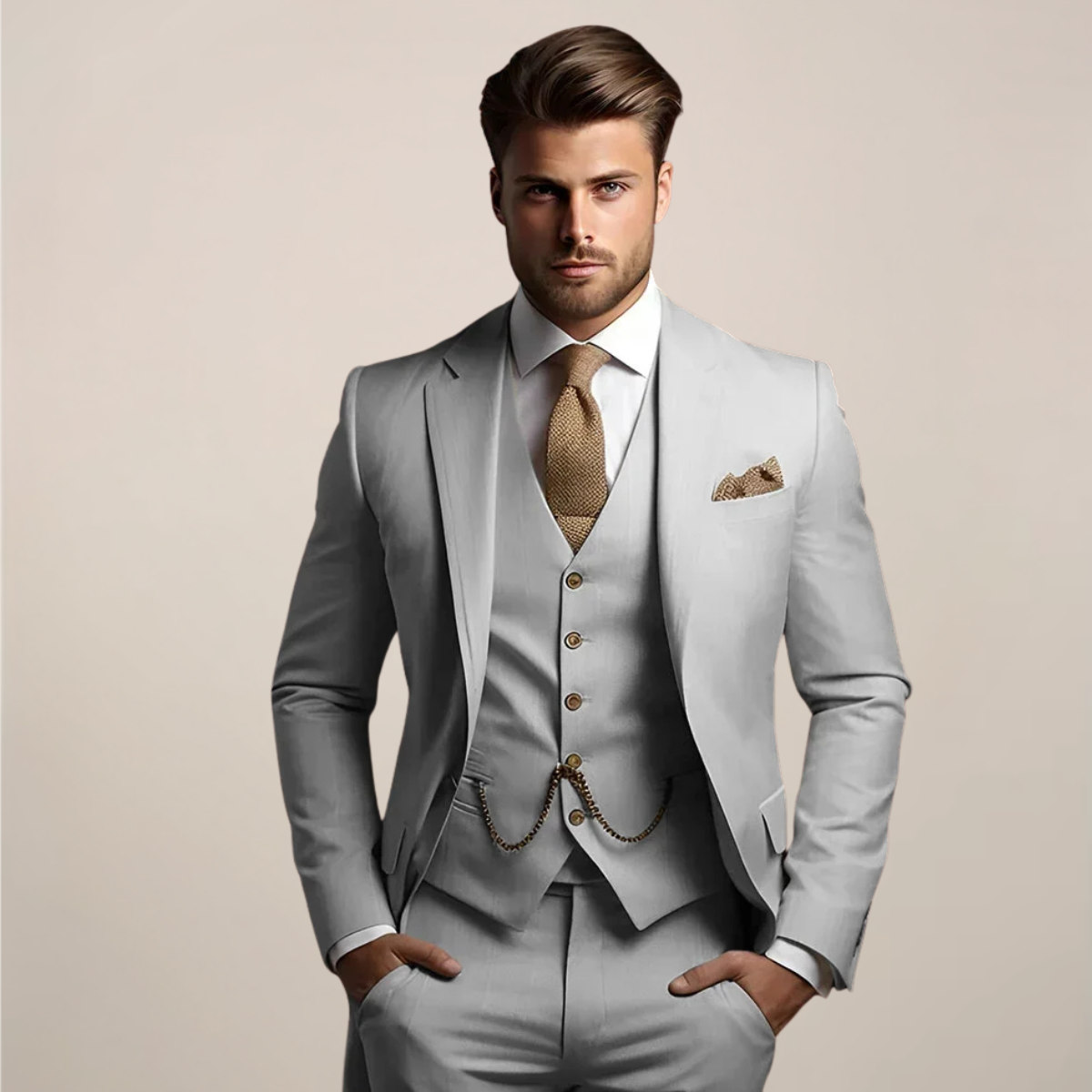 Driedelig herenpak met colbert, gilet met V-hals en vijf knopen, en bijpassende pantalon - lichtgrijs
