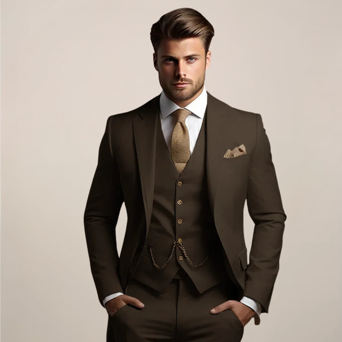 Driedelig herenpak met colbert, gilet met V-hals en vijf knopen, en bijpassende pantalon - donkerbruin