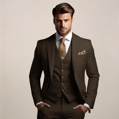 Driedelig herenpak met colbert, gilet met V-hals en vijf knopen, en bijpassende pantalon - donkerbruin