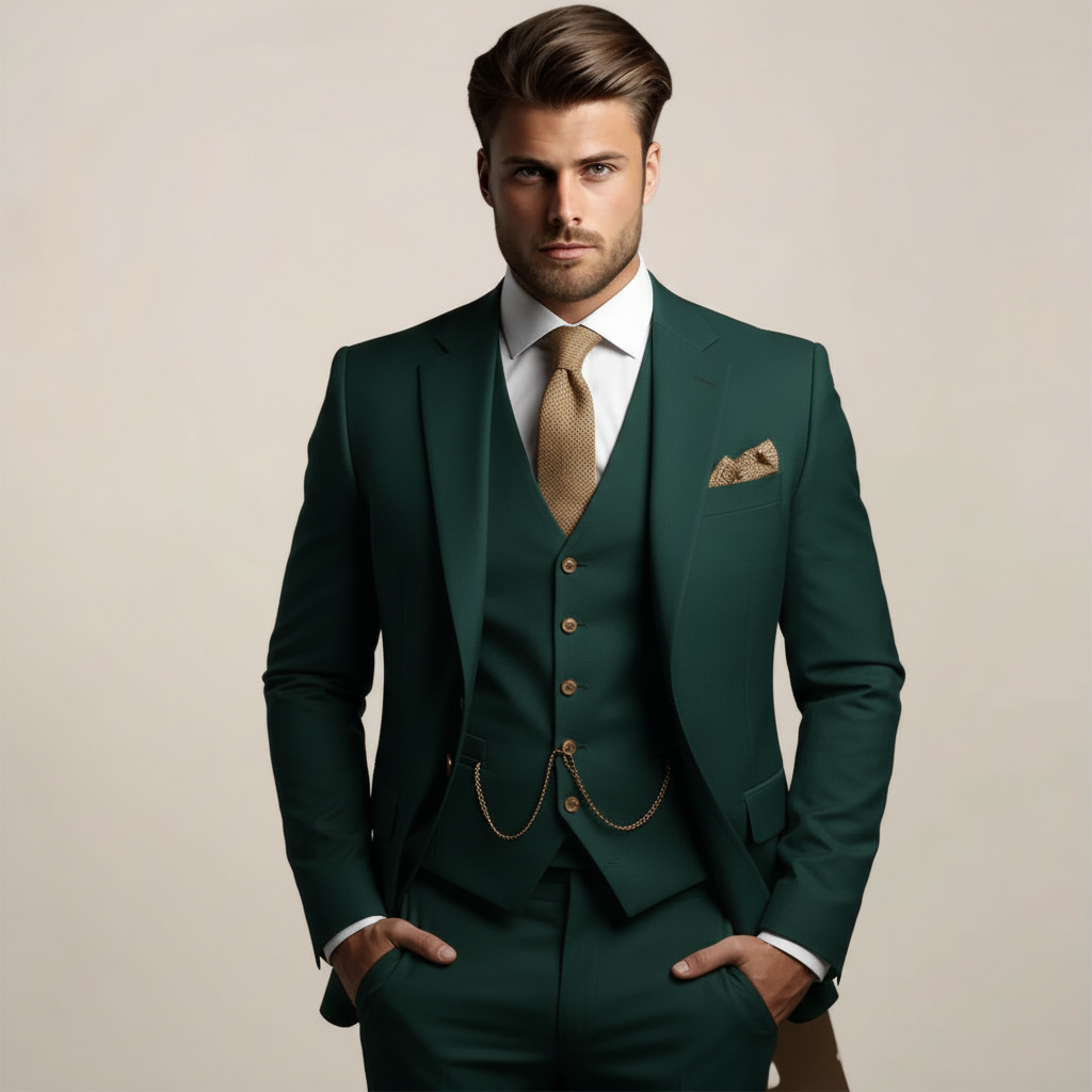 Driedelig herenpak met colbert, gilet met V-hals en vijf knopen, en bijpassende pantalon - donkergroen