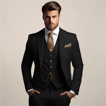 Driedelig herenpak met colbert, gilet met V-hals en vijf knopen, en bijpassende pantalon - zwart