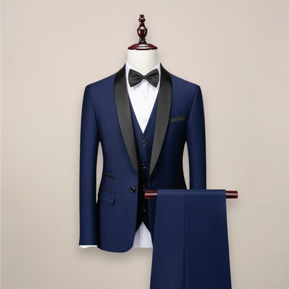 Driedelige smoking met glanzende sjaalkraag, colbert met één knoop, gilet en pantalon - marineblauw