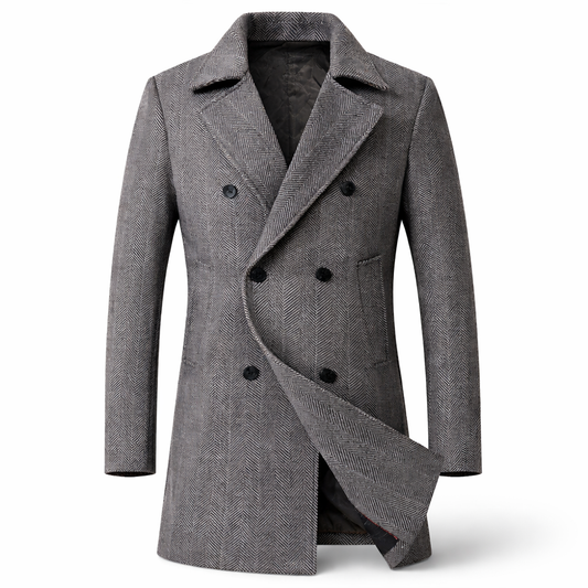 Dubbelknoopse herenjas met visgraatdessin en brede revers - grijs