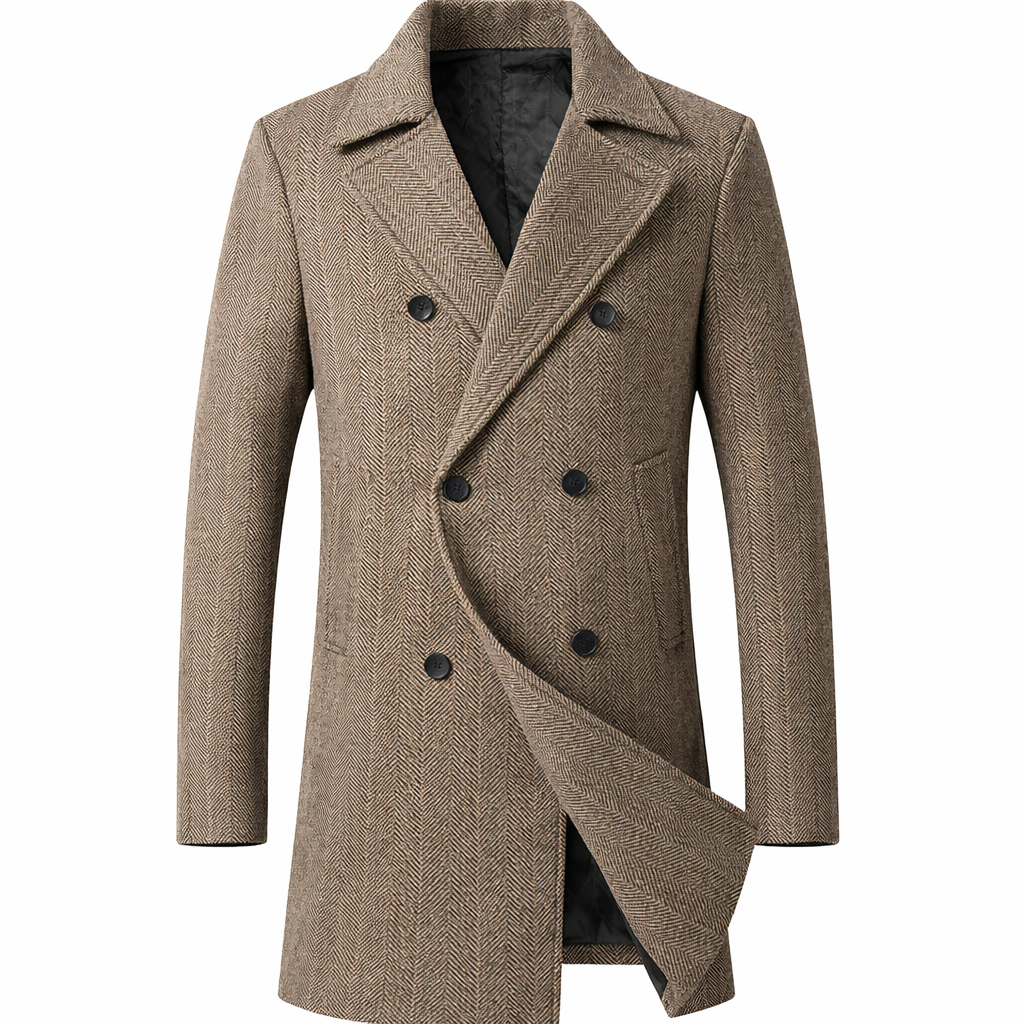 Dubbelknoopse herenjas met visgraatdessin en brede revers - taupe
