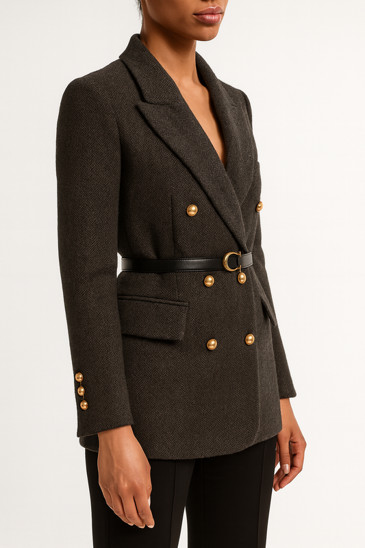 Dubbelrijige damesblazer met visgraatmotief en riem