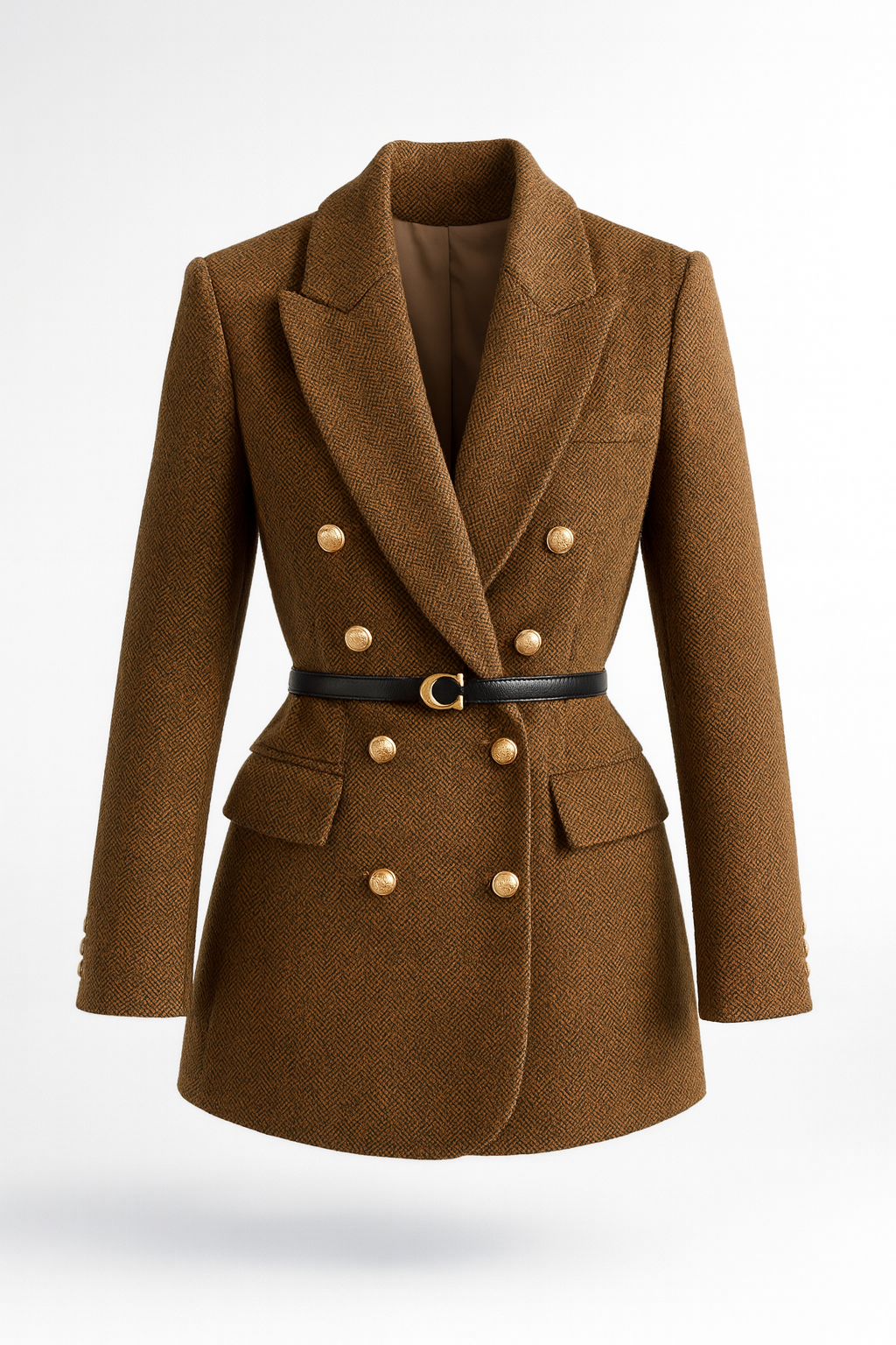 Dubbelrijige damesblazer met visgraatmotief en riem - bruin