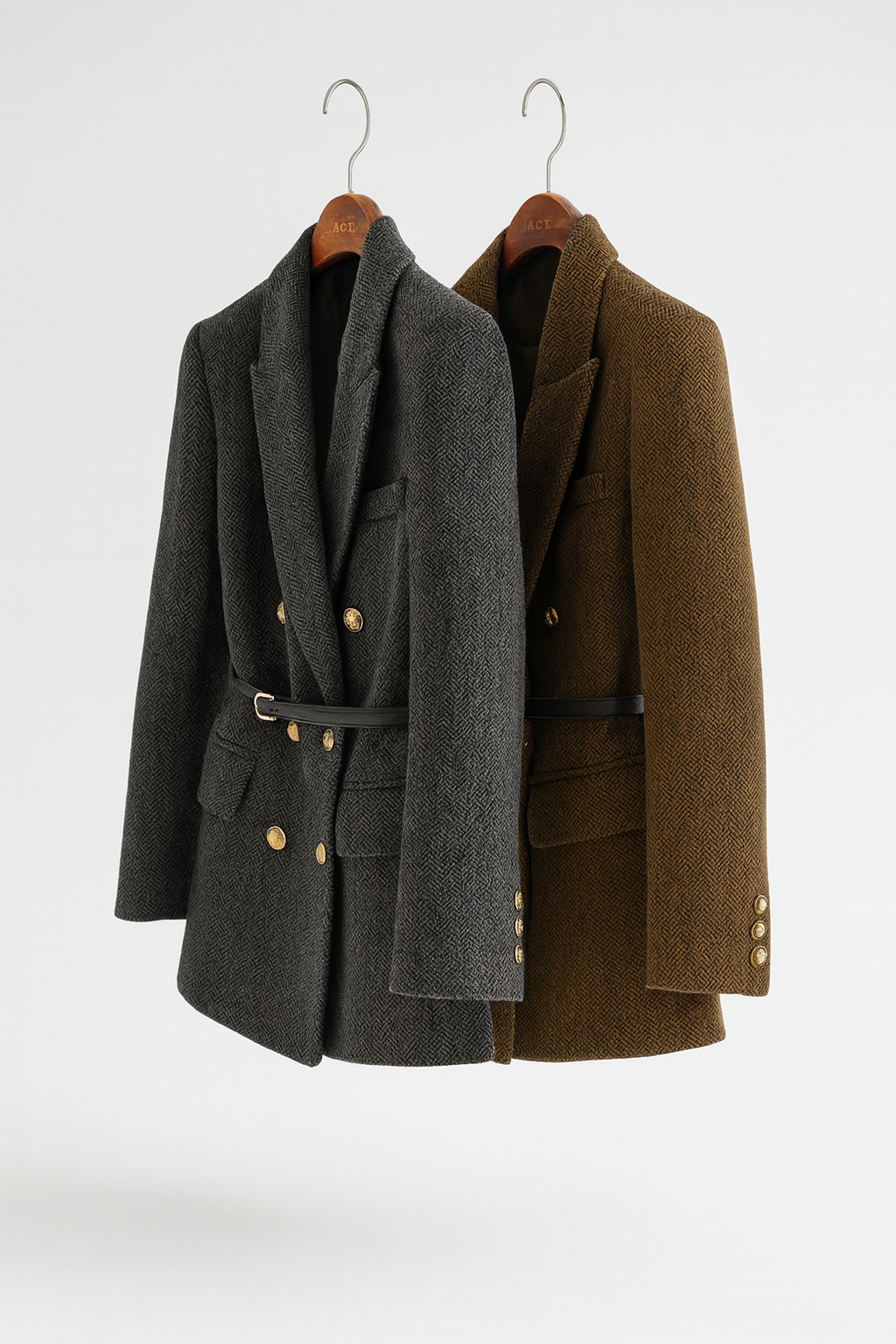Dubbelrijige damesblazer met visgraatmotief en riem