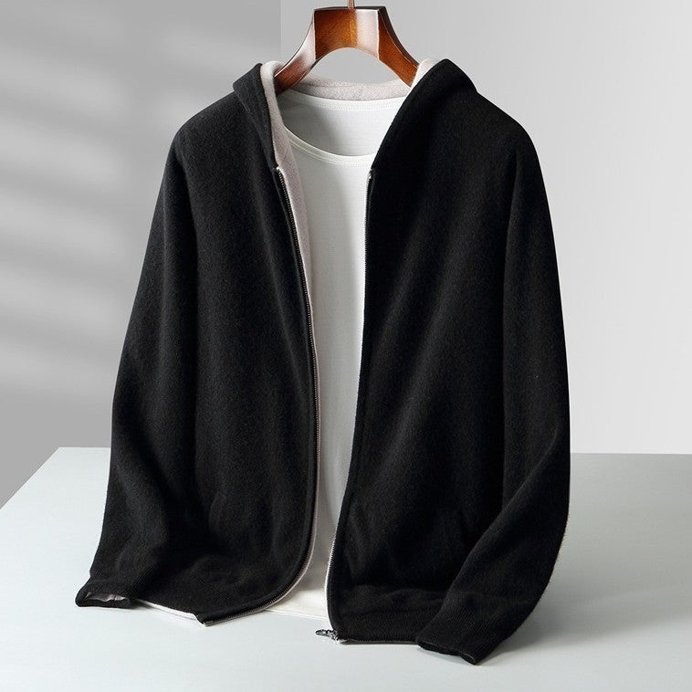 Dubbelzijdig gebreide hoodie voor heren met doorlopende rits en capuchon - beeld 10