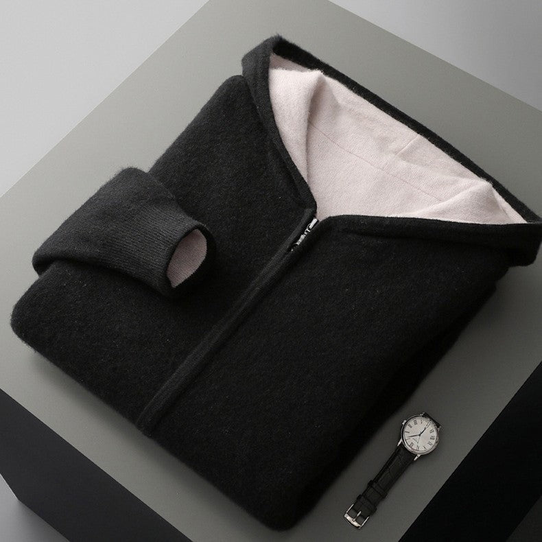Dubbelzijdig gebreide hoodie voor heren met doorlopende rits en capuchon - zwart/gebroken wit