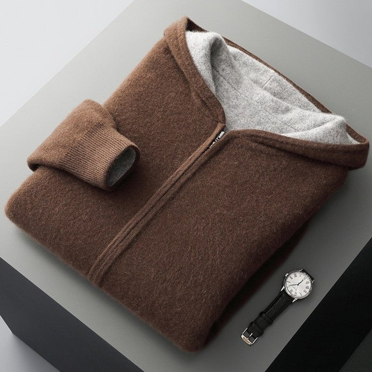 Dubbelzijdig gebreide hoodie voor heren met doorlopende rits en capuchon - bruin/lichtgrijs