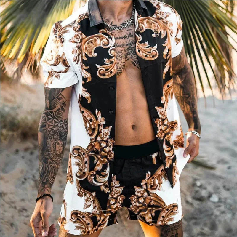 Zomerset heren met barokprint in wit en zwart, overhemd en short